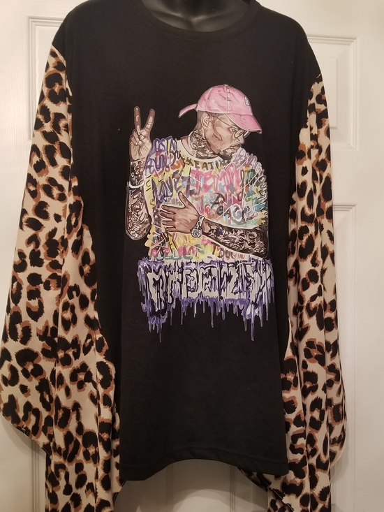 Tops - Chris BROWN Graphic Kimono Tee With Leopard Sleeves- Custom Top